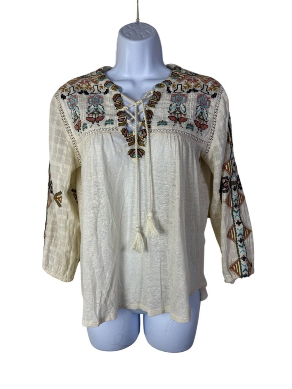 Lucky Brand Womens Boho Embroidered Peasant Top Cream size Small Linen Modal
